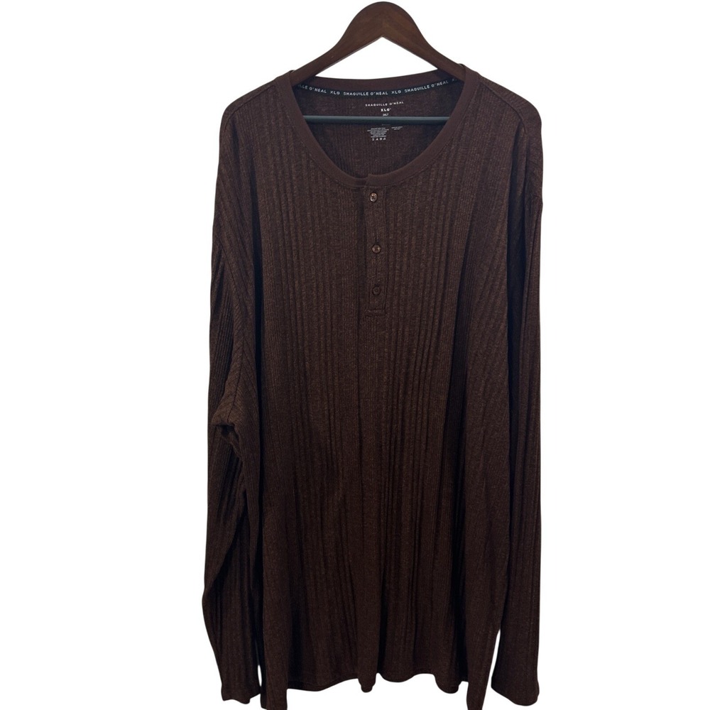 Shaquille ONeal Men 3XLT Brown Henley Shirt Long Sleeves 1/4 Button Up New Tags